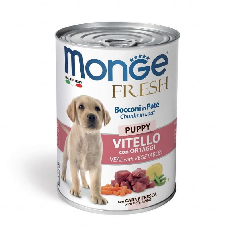 מונג פרש לכלב פפי עגל חלב וירקות 400 גרם פחית