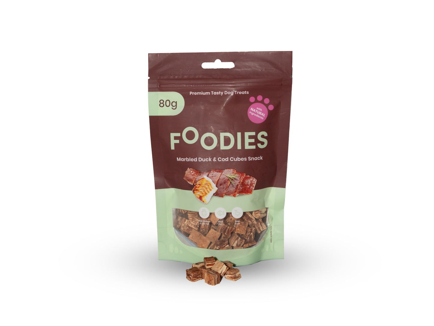 חטיף FOODIES קוביות ברווז ודג קוד 80 גרם